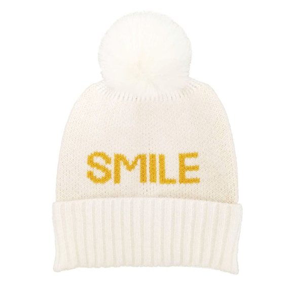 NEW Cute Smile Logo Graphic Faux Fur Pom Pom Cozy  Knit Beanie Hat Ivory Mustard - Picture 7 of 7